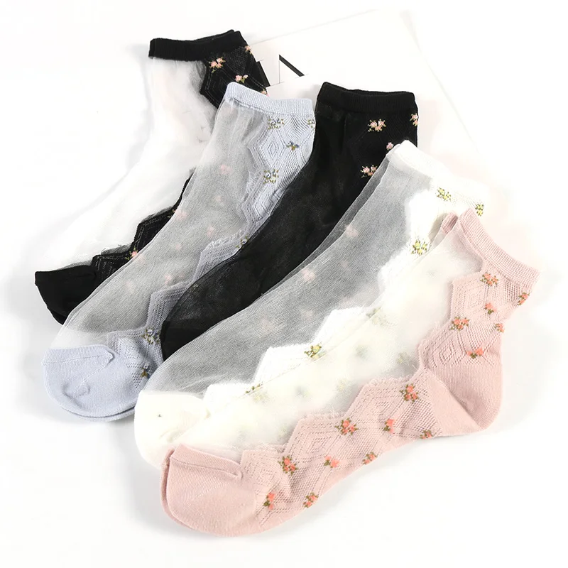 

5 Pairs/Lot 2019 Spring Harajuku Sweet Floral Candy Color Cotton Glass Women Socks Femme Ultra Thin Flowers Transparent Meias