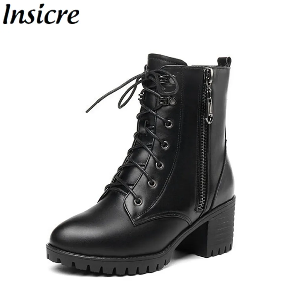 

Insicre women winter boots heel 6.5 cm genuine leather large size 35-43 zipper round toe wool lace-up women western boots