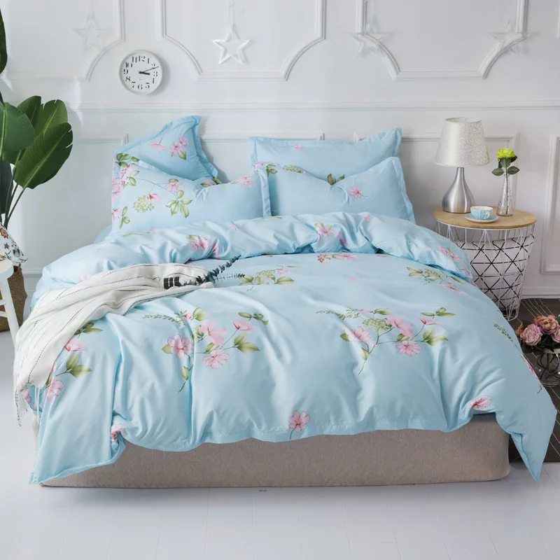 Bedding Set Sky blue flowers warm sweet simple style 4/3pcs Duvet Cover Sets Soft Polyester Bed