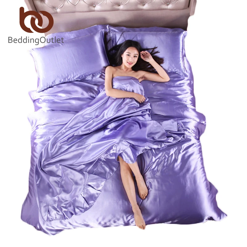 Bedding Set Plaid on Bed Set Bed Linen Silk Satin Sheets Light Purple Satin Duvet Cover Sets