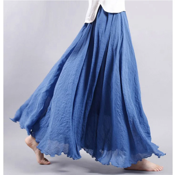 Women Linen Cotton Long Skirts Plus Size Elastic Waist Pleated Maxi