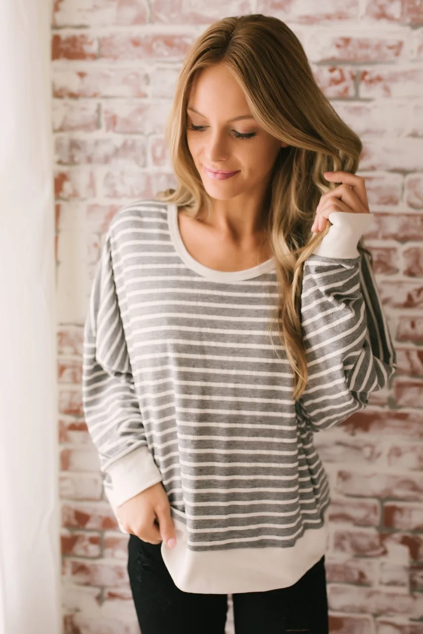 Gray Striped Backless Sexy Women Loose Tops Long Sleeve Shirts Women ...
