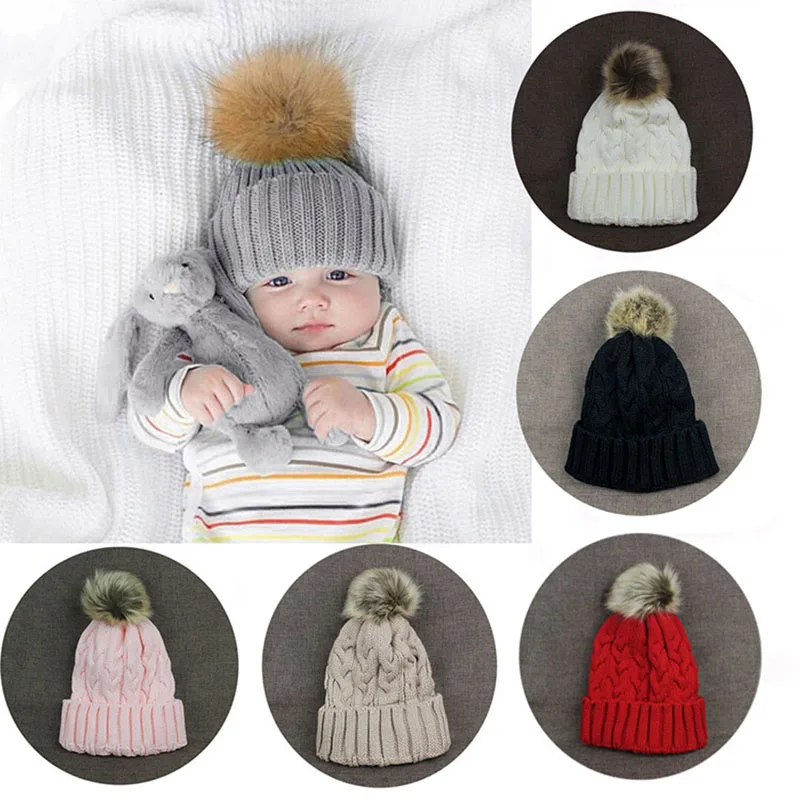 

Winter Hat For Children Adult Knit Beanie Hat Fur Warm Baby Girls Boys Elastic Knit Crochet Kids Cap with Fur Ball Kids Hats