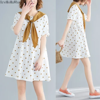 

AreMoMuWha Summer Art Age Reduction Bow Tie Wave High Waist Short-sleeved Dress Temperament Small Fresh A-line Swing Dress MH333