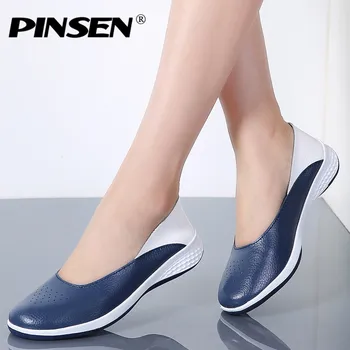 

PINSEN 2020 Handmade New Summer Hole Loafers Women Flat Leather Moccasin Shoes Woman Slip On Ladies Shoes Casual Flats Moccasins