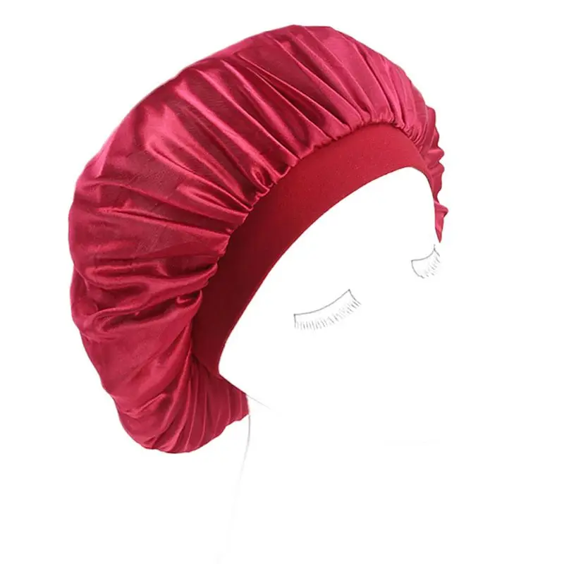 Женская искусственная шелковая шляпа с широким эластичным ремешком, Однотонная ночная шапочка для сна, плиссированная, винно-красного цвета - Цвет: Wine Red