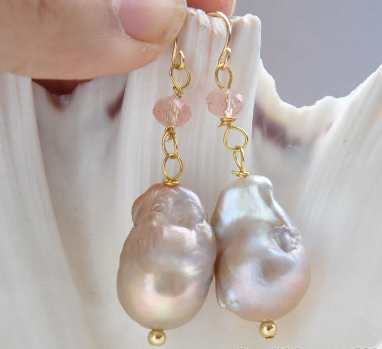

A 20mm baroque purple keshi reborn pearl faceted pink crystal dangle earring