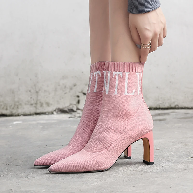 Femmes Confort Mode Carré De Chaussures Rose Noir Hauts Glissent Sur Talons Noir Automne Cheville rose Bout Pointu Stretch Kitting À Hiver Bottes XuPkiOZ