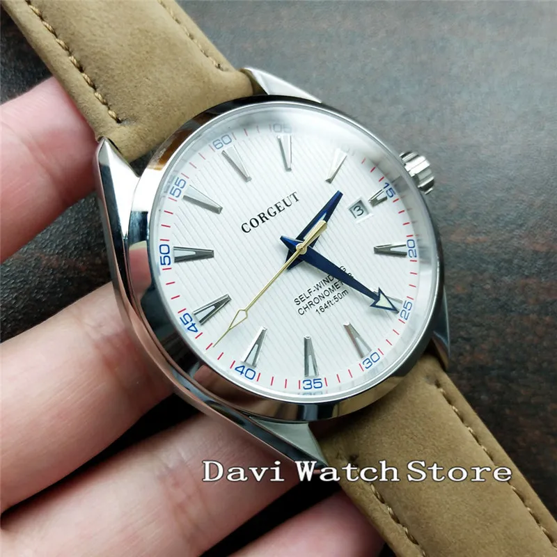 

41mm Corgeut White Dial Brown Strap Retro Mens Watch 2753