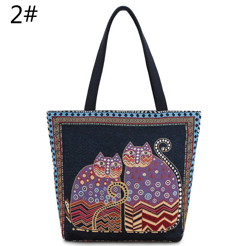 

2017 Women Bag Canvas Shoulder Bag Vintage Embroidery Cats Clutch Handbag Female Shopping Bag Travel Summer Beach Bag for Girls
