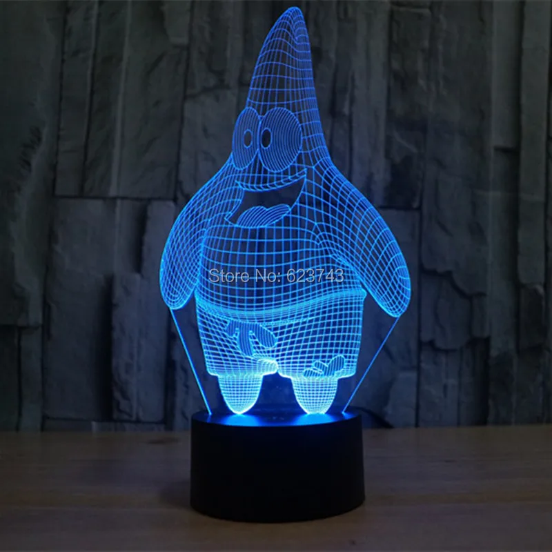 Бесплатная доставка 7 изменение цвета светящиеся мультфильм Губка Боб Патрик Стар акрил 3D Свет в Ночь USB 3D светодиодные настольные лампы