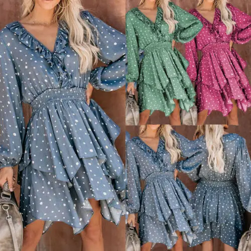 

2019 Womens Boho Mini Short Dress Lady Club Wear V Neck Dot Summer Beach Sundress