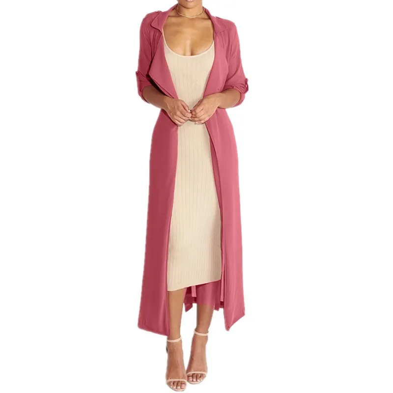 

Fashion Turn-down Collar Long Trench Coat Women Loose Sashes Casual Cardigans Female Outwear Long Coat