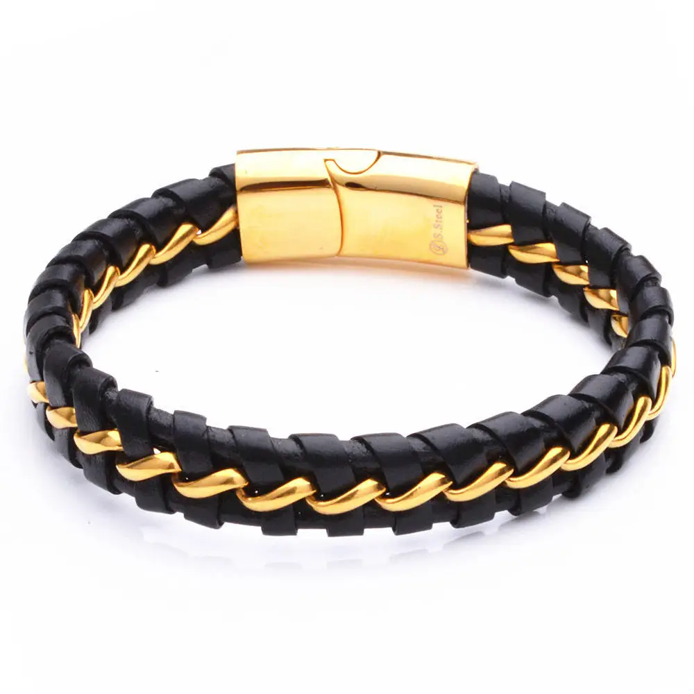 2016 New Fashion Black 18K Gold Plated Leather Bracelet Men Stainless