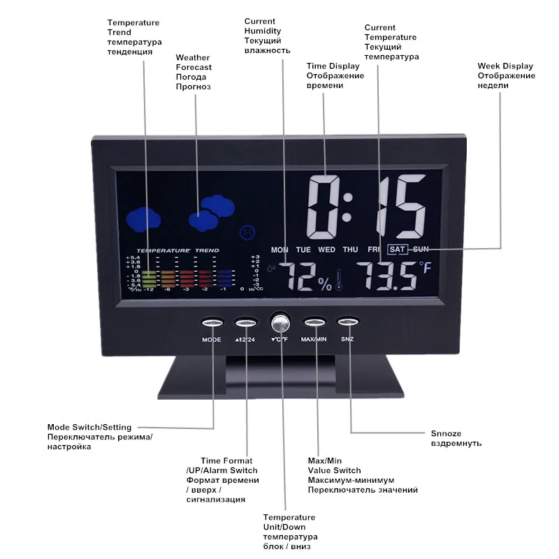 Цифровые Красочные ЖК-часы с функцией будильника, функцией календаря, метеостанцией, термометром, гигрометром с базой Скидка 40