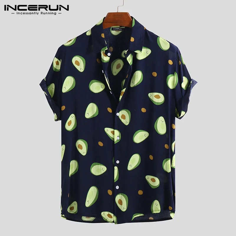 INCERUN Летняя мужская рубашка с принтом авокадо, воротник с отворотом, короткий рукав, повседневные топы, пляжные Гавайские рубашки, Мужская Уличная одежда - Цвет: Navy Shirt