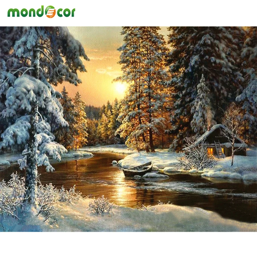 

No Frame DIY Painting By Numbers Snow House Acrylic Painting Modern Picture Home Decor for Living Room 40x50cm Posters and Print
