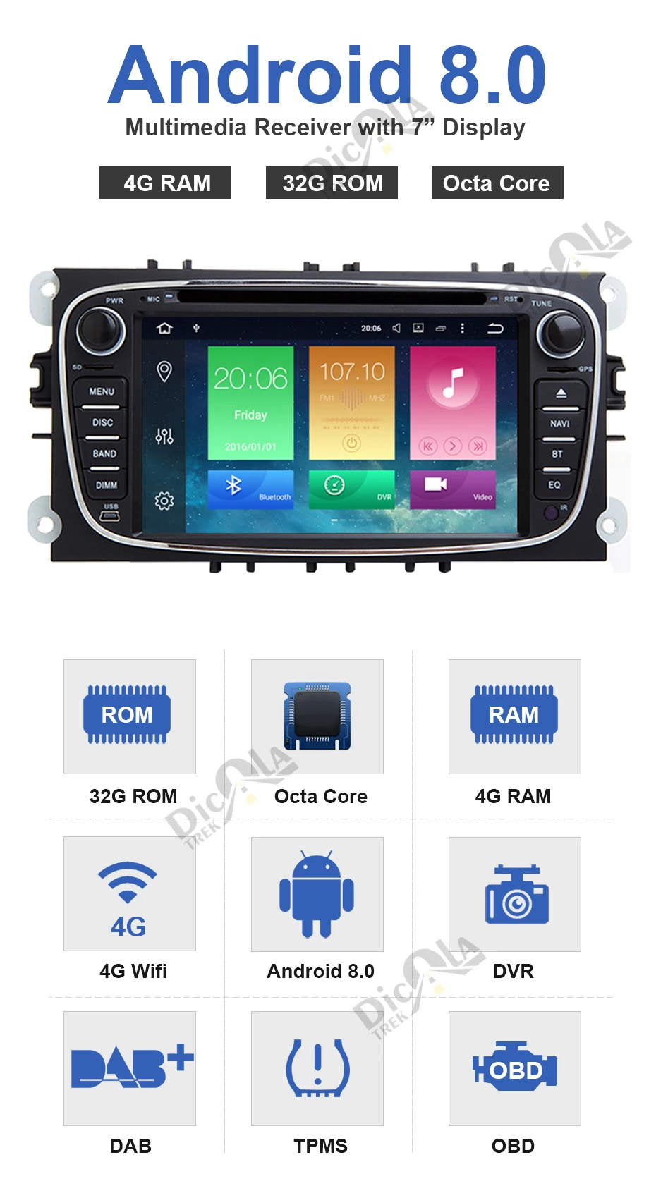 Excellent 2 din Android 8.0 Octa Core Car DVD Player GPS Navi for Ford Focus Mondeo Galaxy with Audio Radio Stereo Head Unit Free Canbus 3