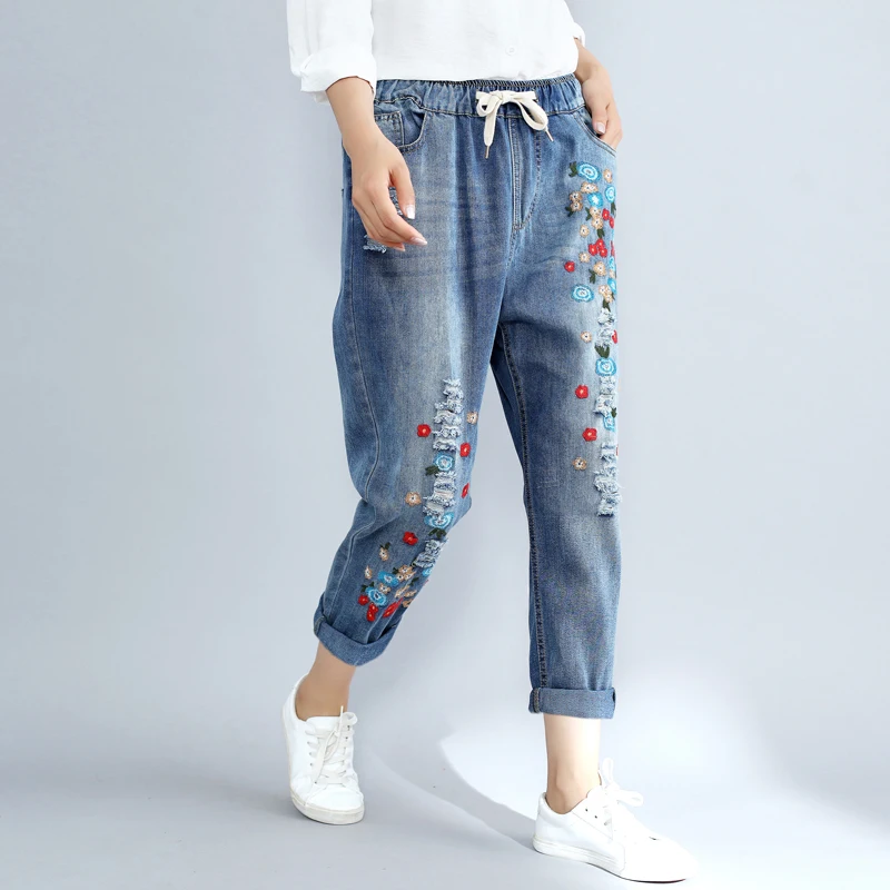

Hchenli Brand 2018 Women Butterfly Denim Pants Harem Long Jeans Pants Flowers Embroidery Drawstring Waist Lady Jeans Trouser