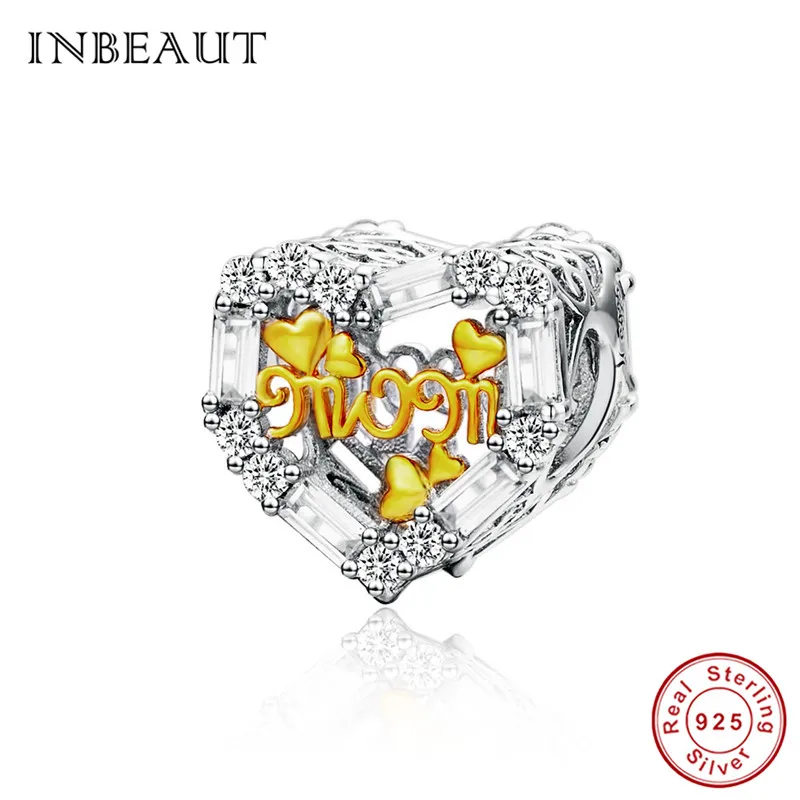 

INBEAUT 100% Real 925 Sterling Silver Love Mom Letter Heart Beads fit Pandora Bracelet Gold-color CZ Heart-shaped Charms Gift