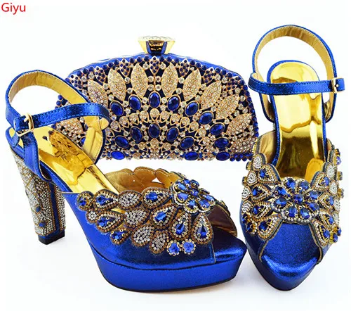 

doershow beautiful blue Shoes With Matching Bags African Women Shoes and Bags Set For Prom Party Summer Sandal!!SKP1-31