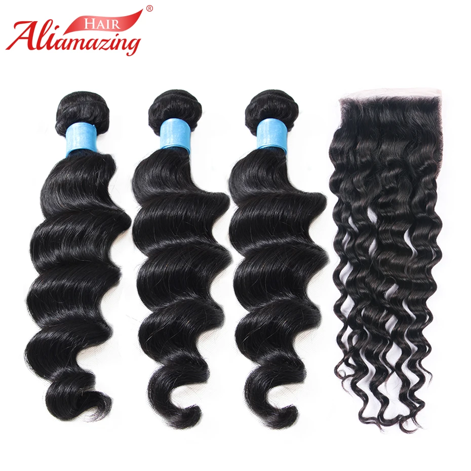 

Ali Amazing Hair Human Hair Bundles With Closure Brazilian Loose Wave 3 Bundles with 5x5 Lace Closure 4pcs/lot #1B Free Shipping