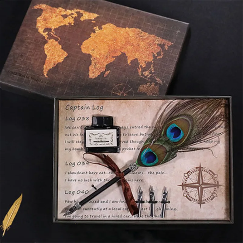 

Vintage Feather Pen seal wax Set Luxury Gift Box Quill ink Calligraphy dip pen Signature Pen for writing Child's Gift stamp wax