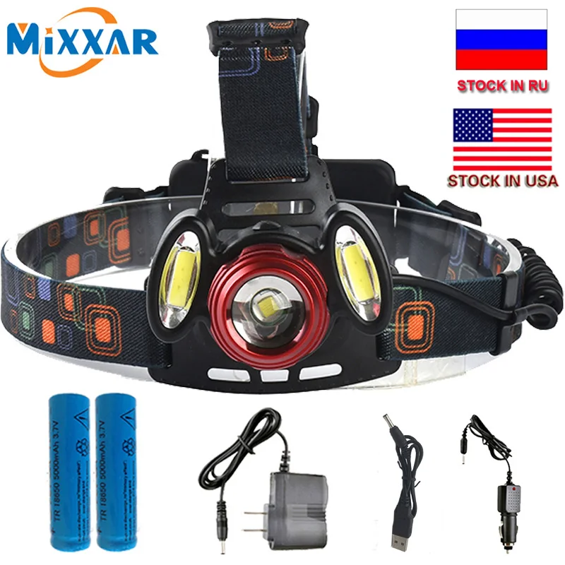 

ZK20 Dropshipping T6+2COB Rechargeable LED Headlamp powerful Headlight Zoom Head Fishing Light Lamp 18650 Battery AC USB Charger