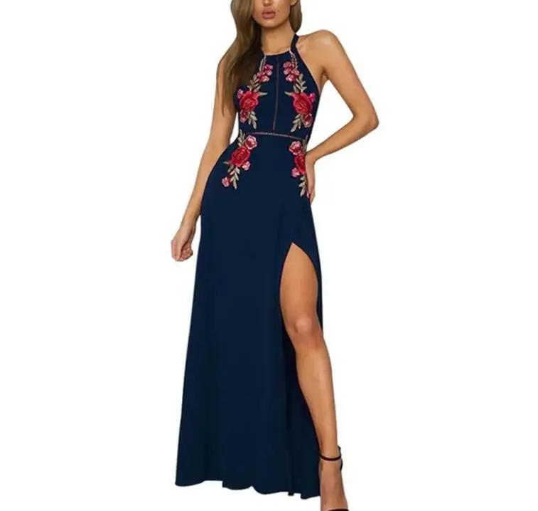 

Embroidery halter backless long dress women Sexy high split long dress 2018 Party christmas black vintage dress femme