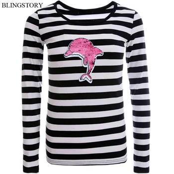 

BLINGSTORY Autumn Long Sleeve Striped T-shirt Tee Shirt Tops Slim Fit Plus Size Change Color Sequin Tee Shirt Femme 5XL