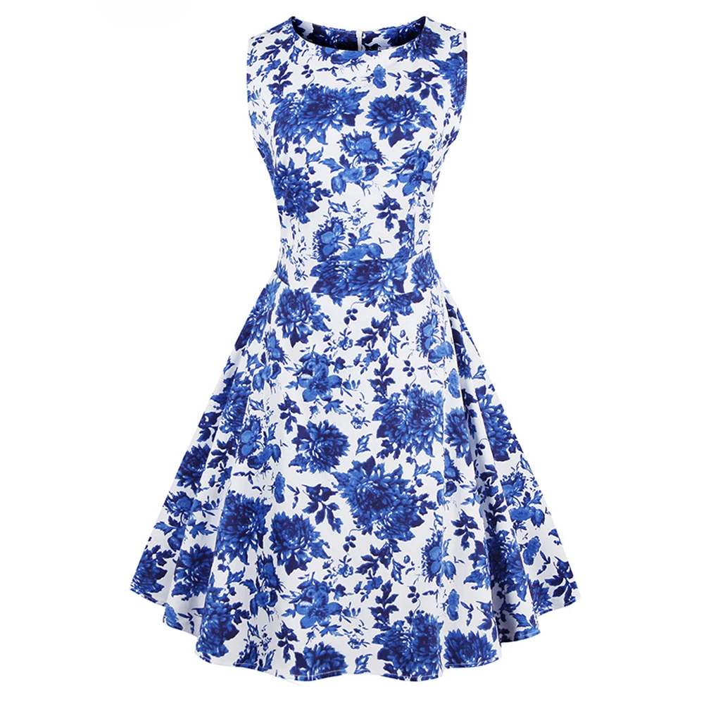 Women Plus Size Summer Dress Audrey Hepburn Sleeveless Vintage Retro Robe Rockabilly Floral Print Party Vestidos | Женская одежда
