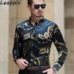 Leappls плюс размер M-4XL длинная рубашка Мужская Золотая Бархатная Camiseta masculina Цветочная рубашка платье цветок Мужская рубашка рубашки 2108 осень