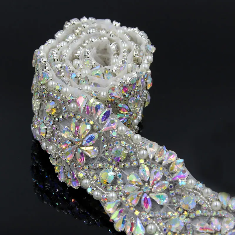 1 pc 91.4*5cm Silver AB Crystal Flower Bridal Sash Wedding Belt with