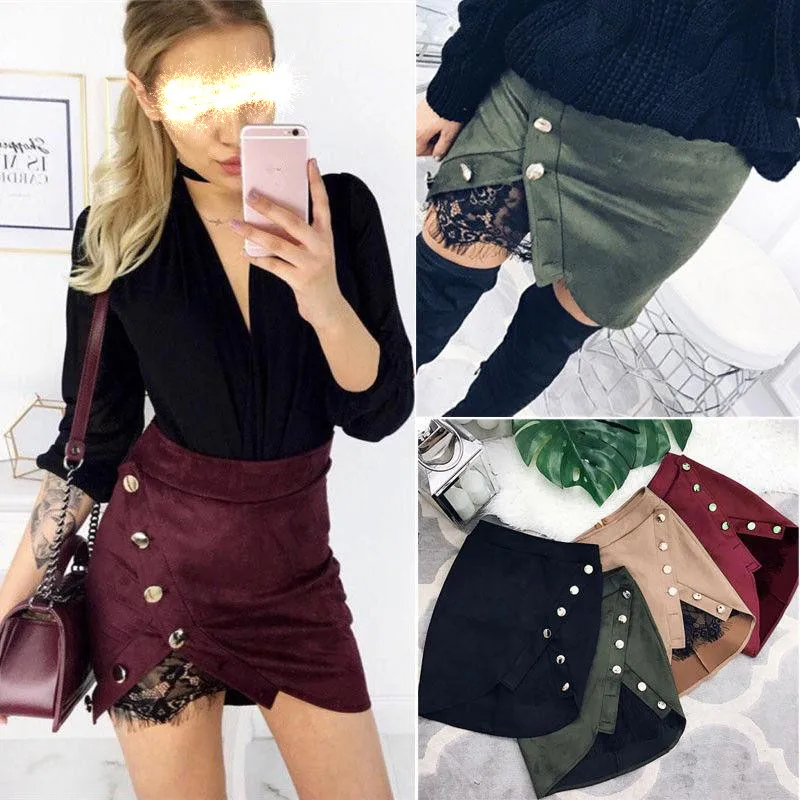 

Fashion Women Ladies Sexy High Waist Lace Up Pencil Skirt Seamless Elastic Suede Leather Slim Mini Skirts For Party