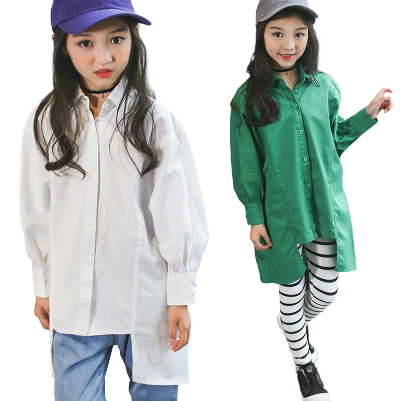 

fashion long sleeve blouse shirts for girls cotton oversize shirts children green white Swallowtail Shirt
