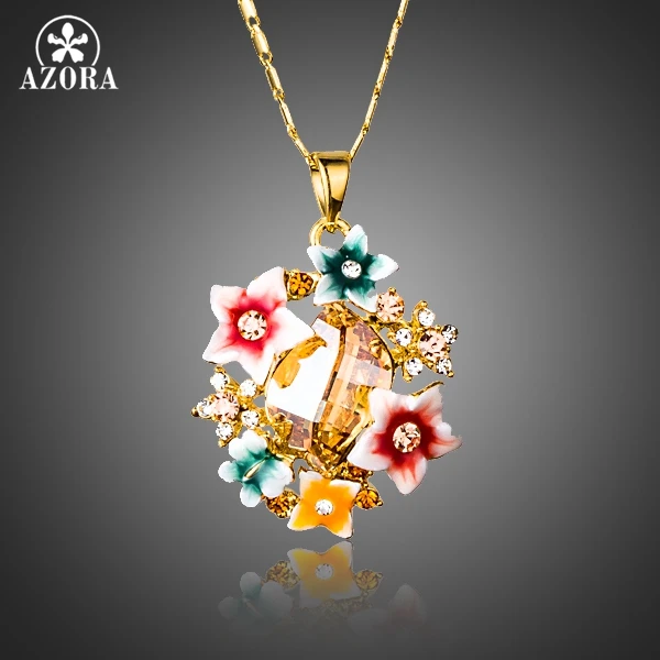 AZORA Multicolour Gorgeous Gold Plated Flower Stellux Austrian Crystal Oil Painting Pattern Pendant Necklace TN0174
