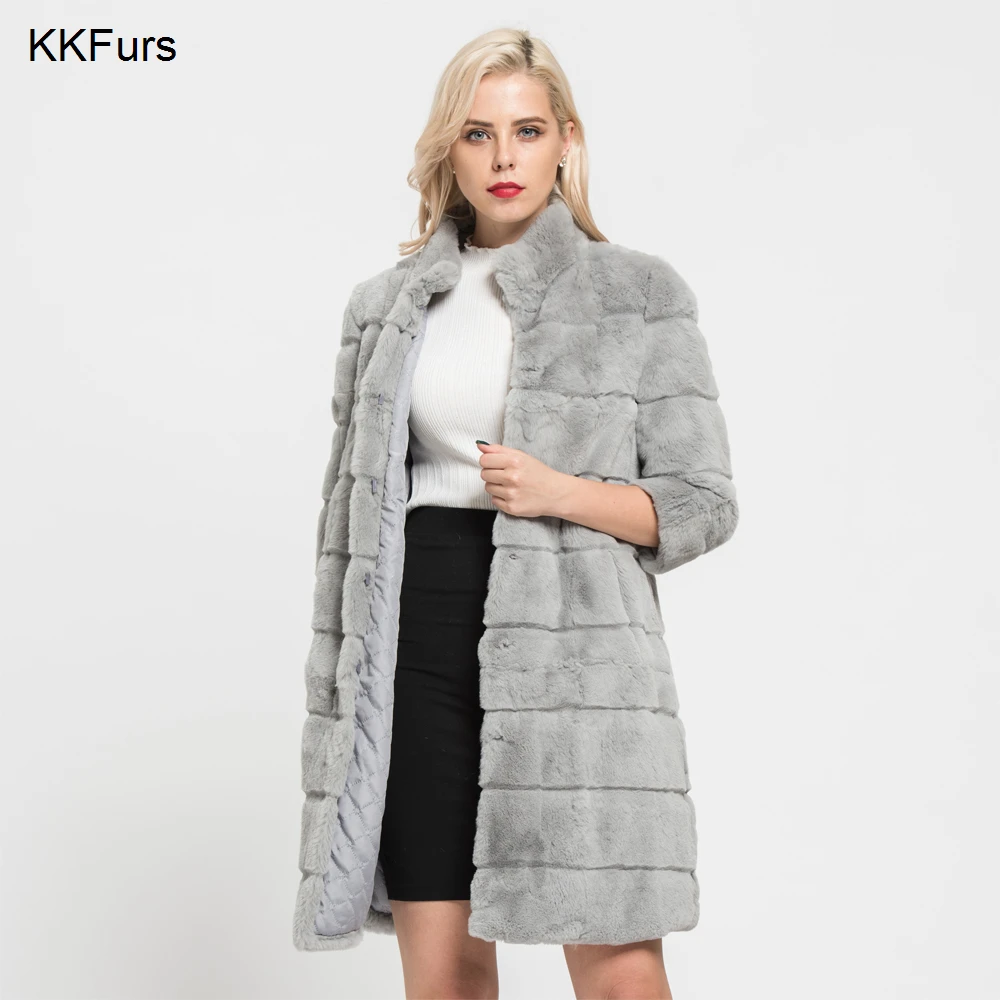 JKKFURS 2018 Новая мода Настоящее Рекс кроличий мех пальто зимняя меховая куртка