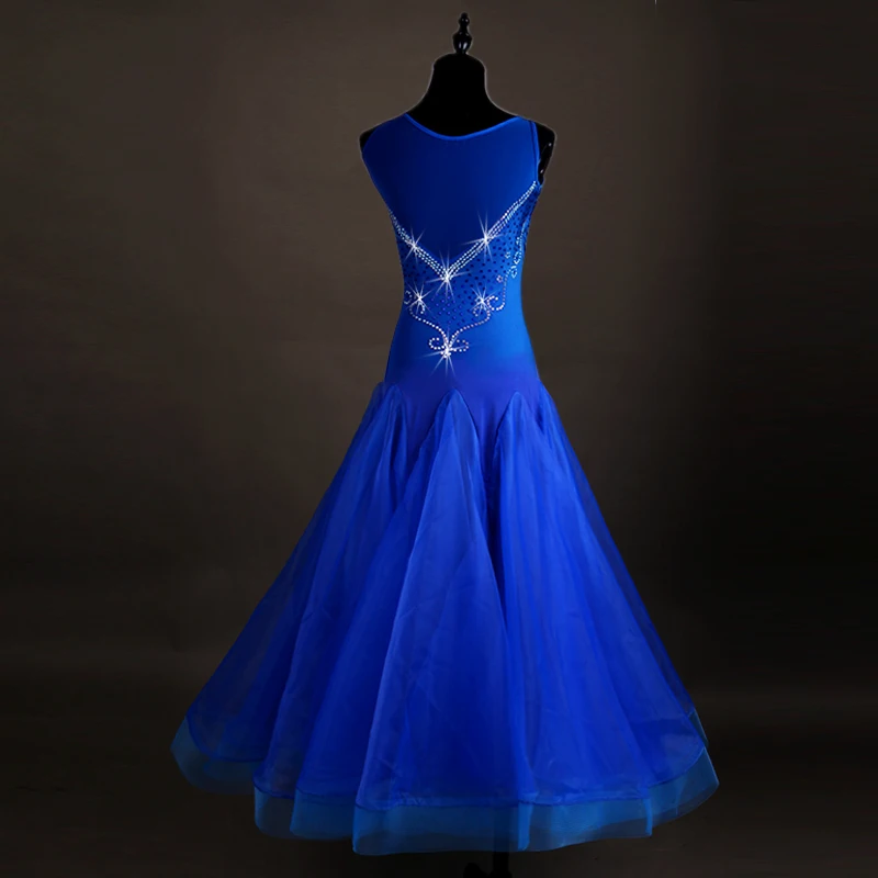 Синие костюмы для бальных танцев, сексуальные спандекс, без рукавов, стандартные Бальные платья, платья для конкурса бальных танцев для девочек