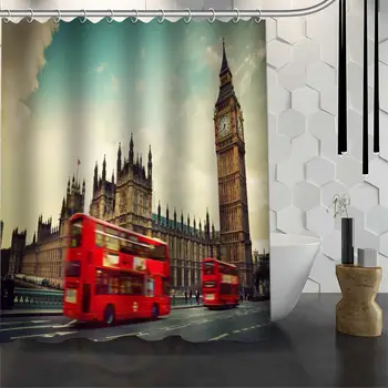 

Custom Red bus shower curtain bathroom waterproof partition polyester curtain with hook custom your image more size