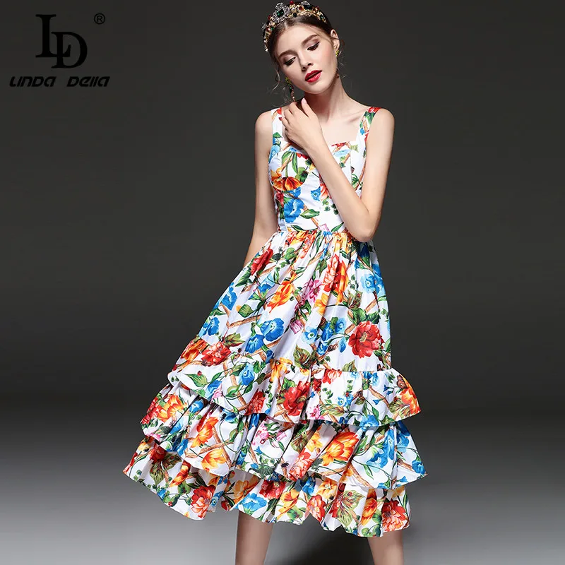 

High Quality New 2019 Fashion Designer Runway Summer Dress Women's Spaghetti Strap Tiered Ruffle Casual Floral Printed Dress
