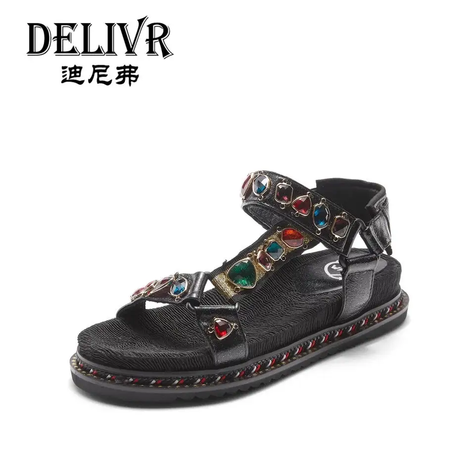 

Delivr Flat With Women'S Sandals 2019 Summer New Fashion Black Casual Female Sandals Ladies Sandals Genuine Leather Diamonds