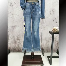 Новые модные длинные джинсы брюки для женщин расклешенные брюки размера плюс 26-30 джинсовые летние джинсы с кисточками и дырками