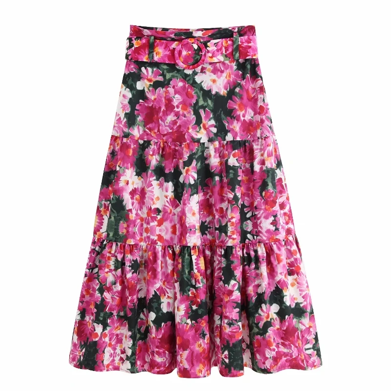 

New Women fashion floral print pleats long skirt faldas mujer ladies stylish side zipper fly sashes chic a line skirts QUN375