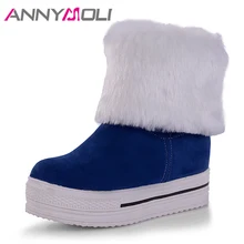 ANNYMOLI/зимние женские сапоги; зимние сапоги; плюшевые сапоги до середины икры на плоской подошве; Теплая обувь на танкетке; женская обувь синего цвета; большие размеры 34-43