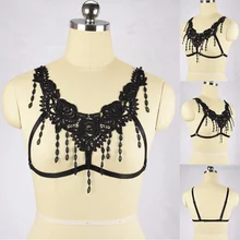 Черный бюстгальтер с открытой грудной клеткой, бюстгальтер с кисточками, укороченный топ, нижнее белье, черный кружевной бюстгальтер с цветочной оправой, одежда для тела O0352