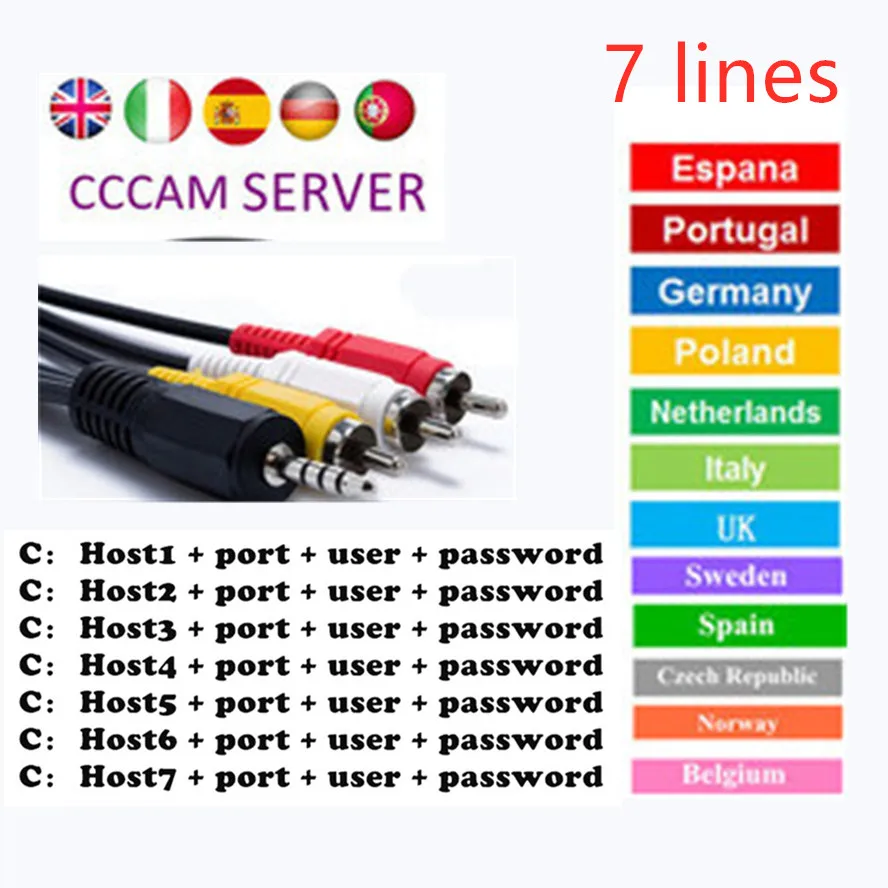 Горячая 7 линий Cccam цлайн для детей в возрасте от 1 года Европы Испания/Германия для V8 супер, V7 HD, V7S, IPS2, Икс спутниковый ресивер эмалированный