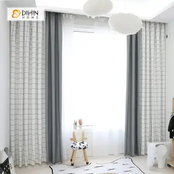 

Modern White with Grey Color Striped Curtain Spliced Blackout Curtains Customized Window Drapes For Living Room