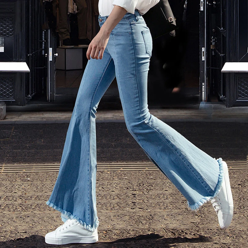 2018 Spring Autumn Mid Waist Ripped Jeans Flare Pants Women Casual Denim Trousers Stretch Bell Bottom Jeans Light Blue W1207