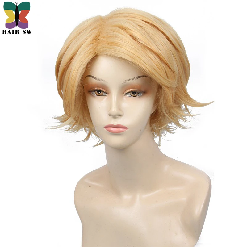 

HAIR SW Short Curly Game Messenger Cosplay Wig Synthetic Gold Yellow Layered For Cosplayer or Daily use