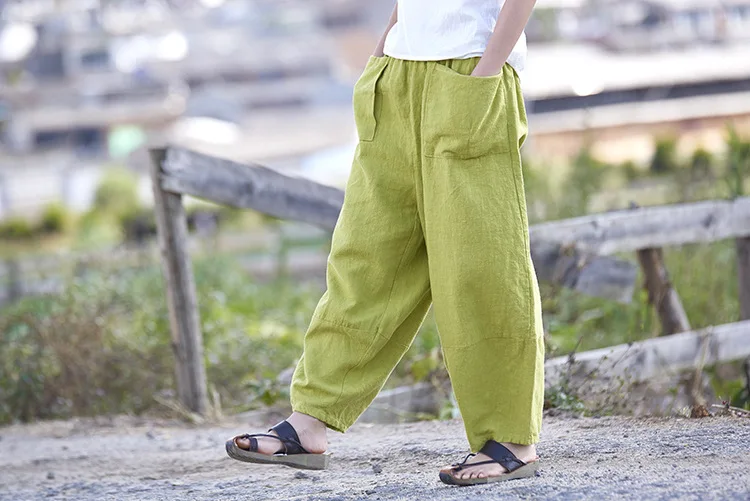 LZJN Baggy Pantalon Women Loose Ankle length Pants Linen Wide Leg Ladies Casual Sand Wash Summer Cool Baggy Trousers with Pocket (25)